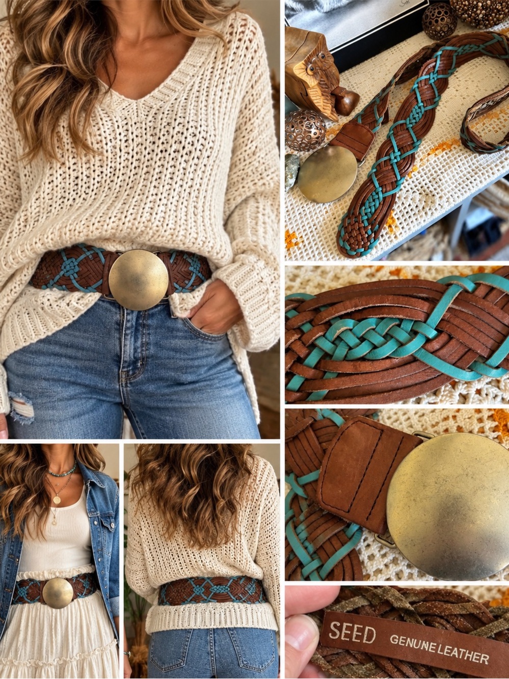 Seed Heritage Genuine Leather Turquoise Braided Boho Western Belt L